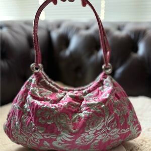 Kate Spade ♠️ EUC Spring 2005 Collection Brocade Pink Silver Bag 🐊 Emboss Handle